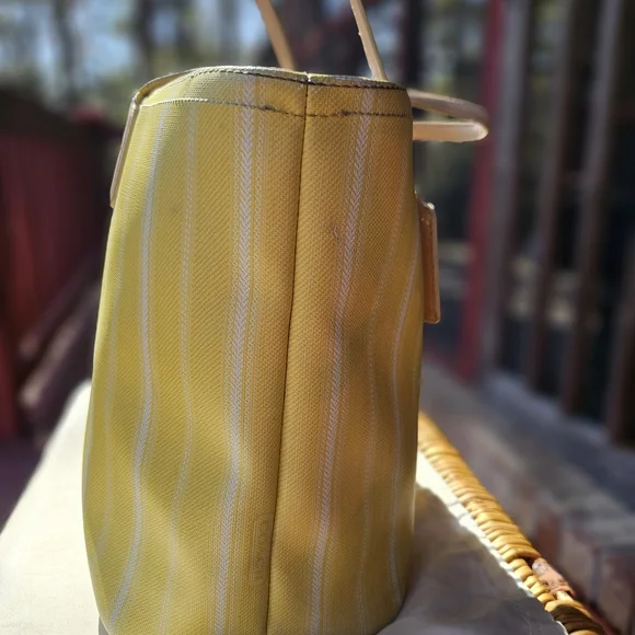 Coach Yellow and White Stripe Canvas Tote with Leather Trim - Picture 3 of 7